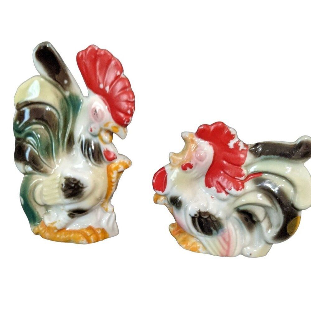 Vintage Hand-Painted Rooster Ceramic Figurines Set Made In Japan Farmhouse Decor